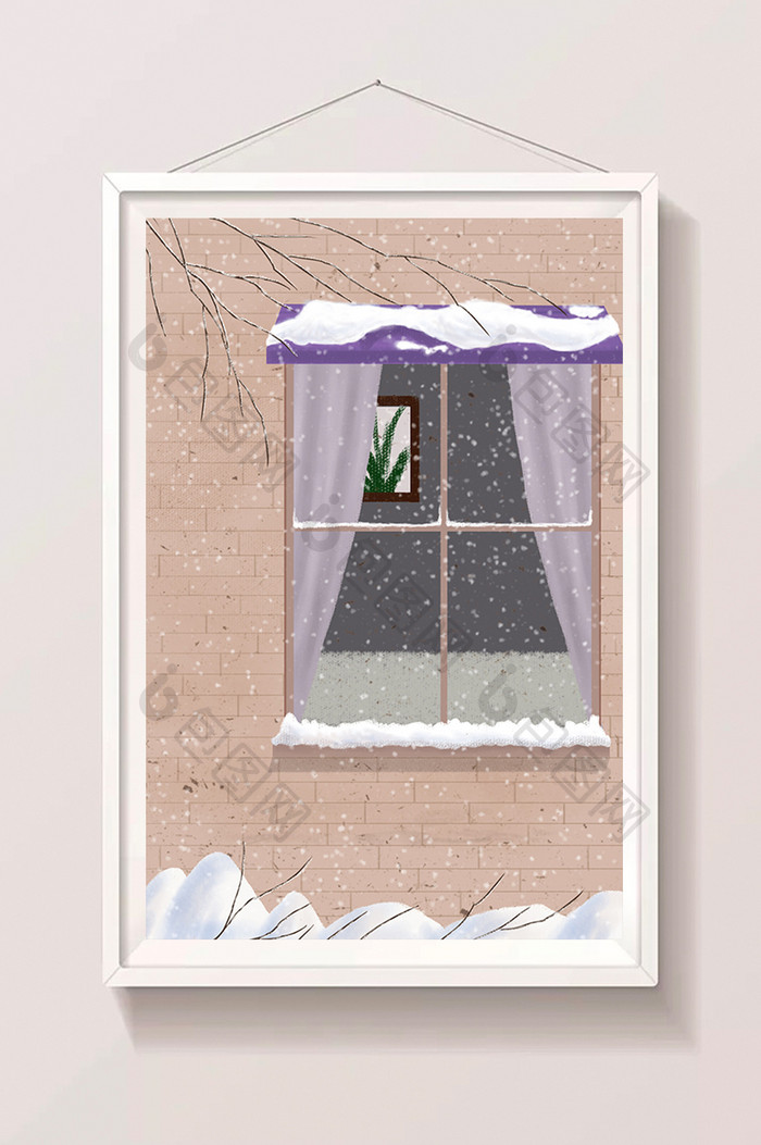 手绘窗下的雪插画元素