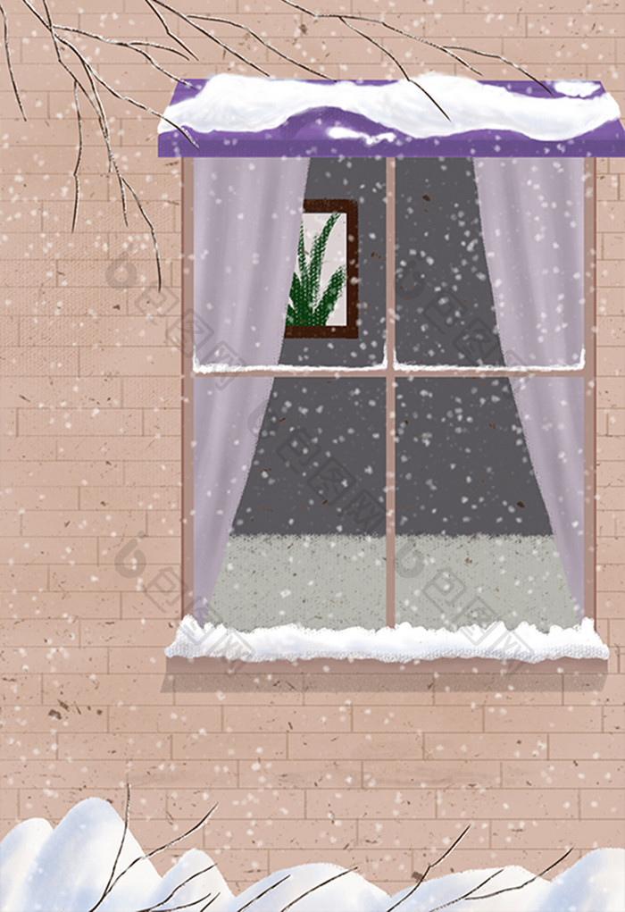 手绘窗下的雪插画元素