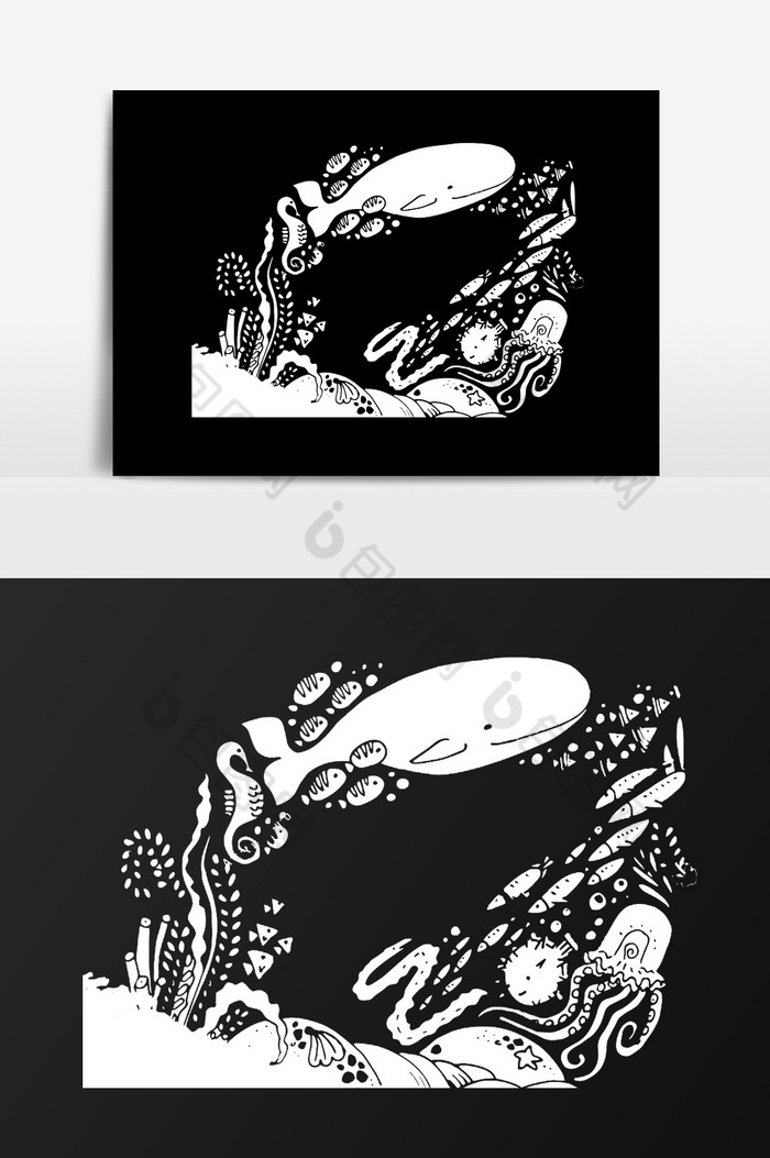 黑白海底插画图片
