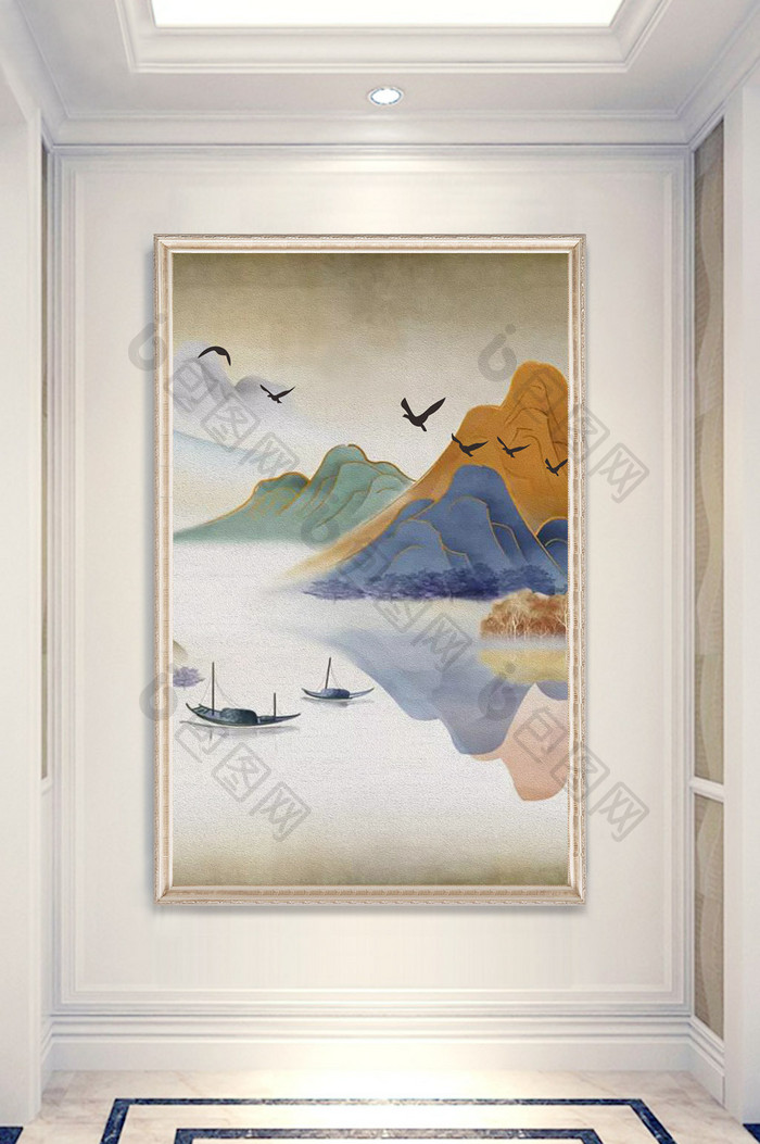 新中式手绘山水风景画玄关装饰画