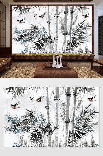 中国风水墨手绘工笔画竹韵电视背景墙图片