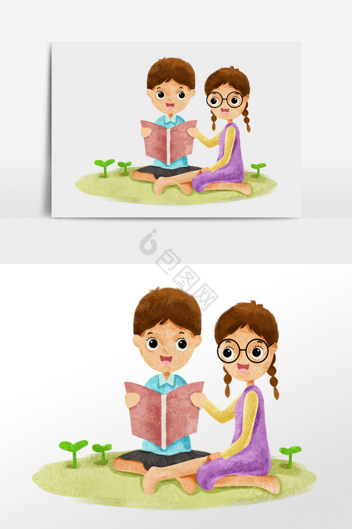 男孩女孩一起看书阅读插画人物图片
