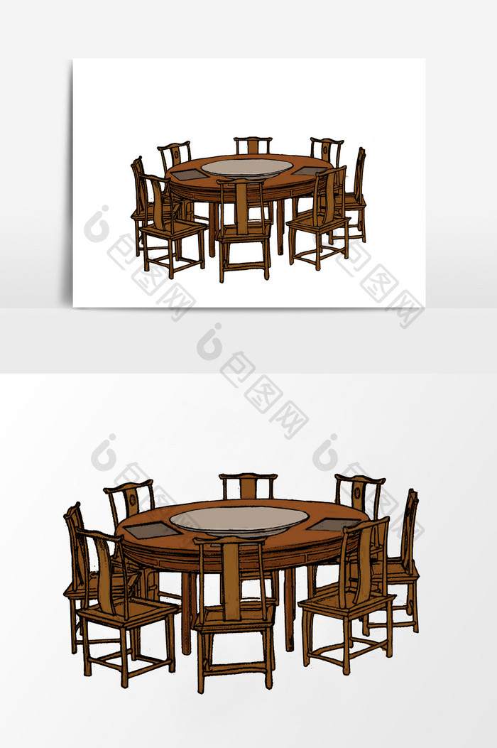 淡彩国画风格的古代大圆桌 椅子元素