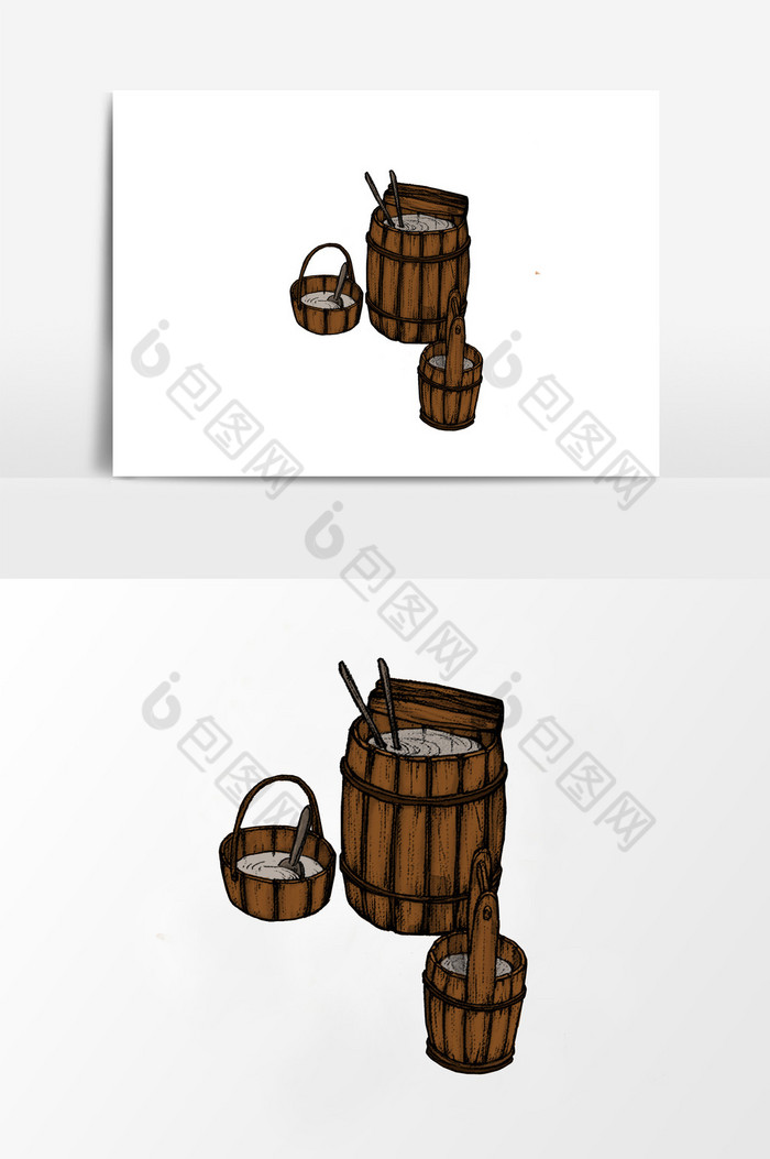 淡彩国画的古代木桶木盆