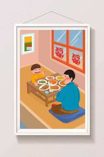 2019年新年猪年除夕丰盛晚餐卡通插画图片