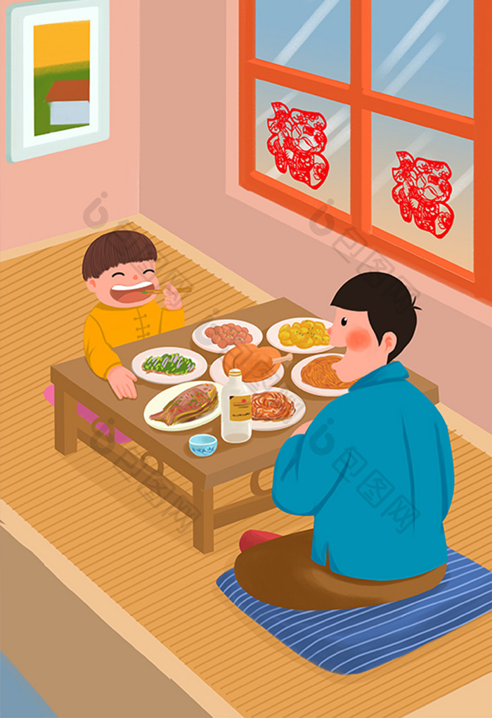 2019年新年猪年除夕丰盛晚餐卡通插画