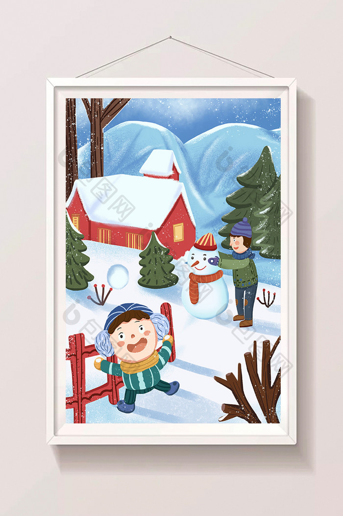 冬至堆雪人雪景卡通扁平手绘插画