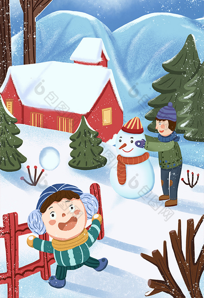 冬至堆雪人雪景卡通扁平手绘插画