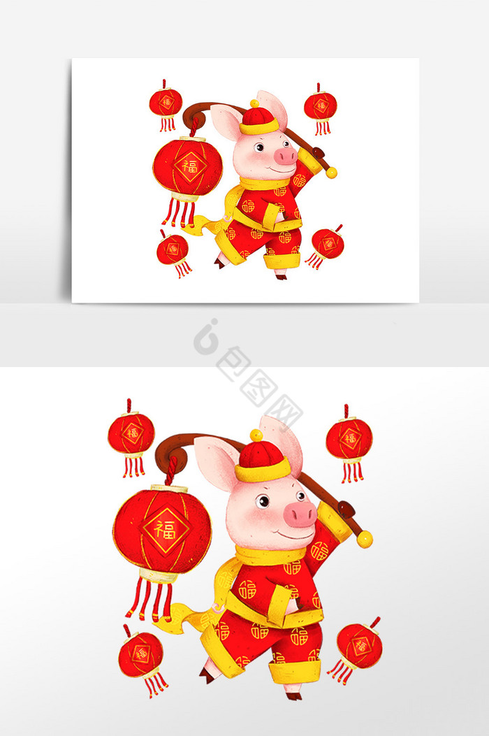 新年小猪吉祥物打灯笼插画图片