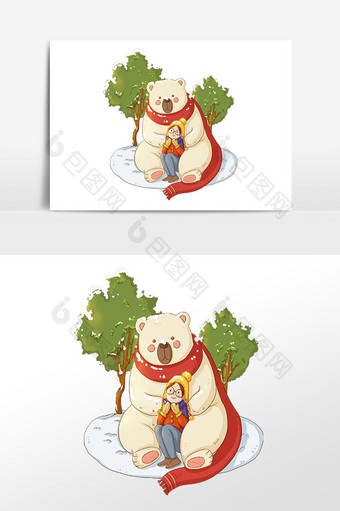 手绘冬季大熊抱女孩赏雪景插画素材图片
