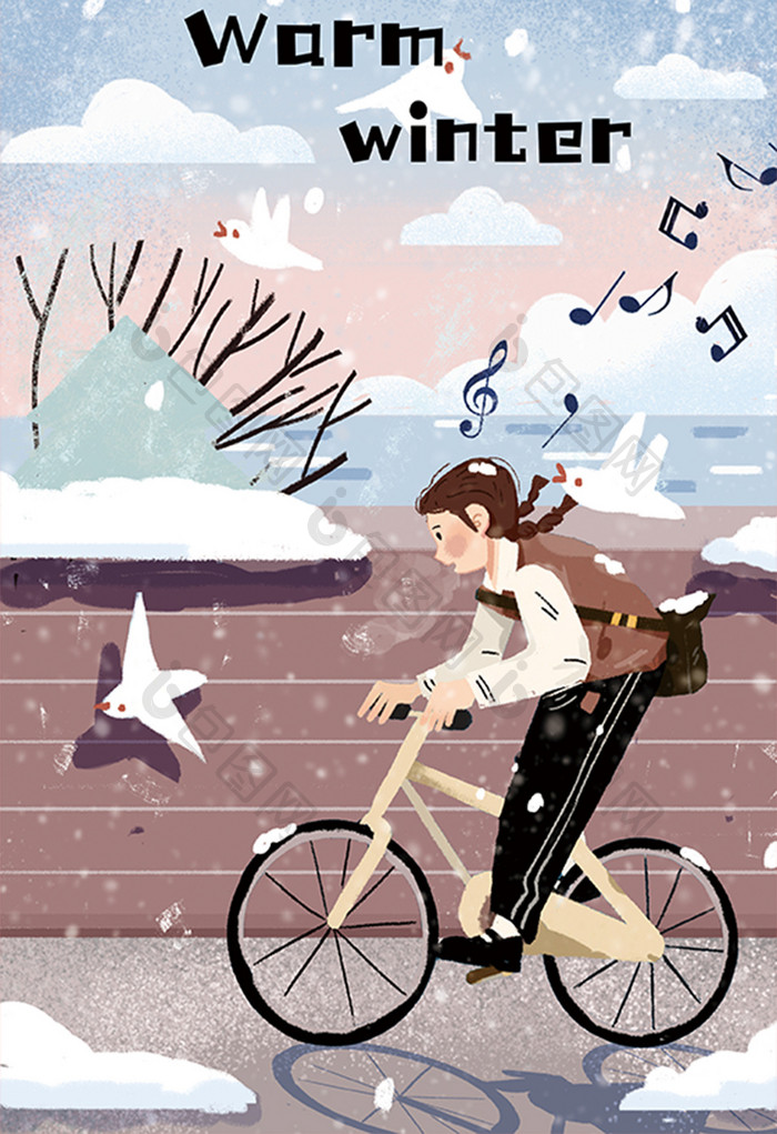 冬季健身少女骑自行车户外唯美手绘插画