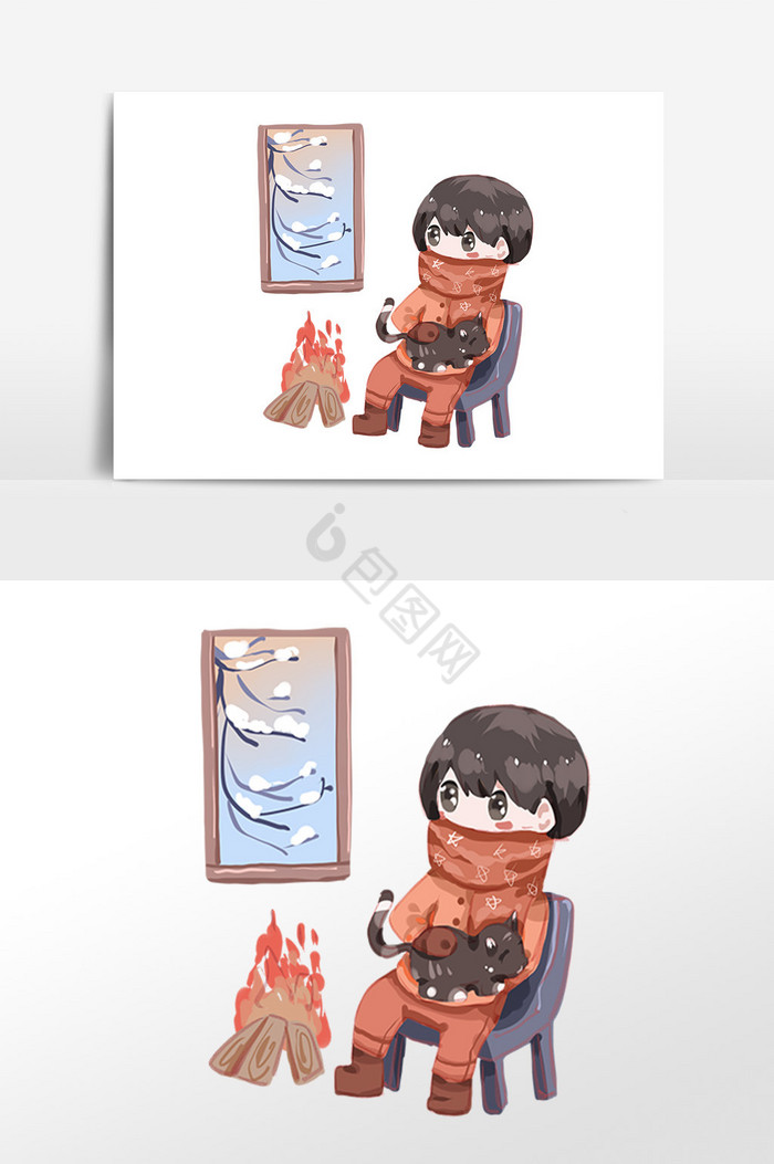 小雪节气人物烤火炉插画图片