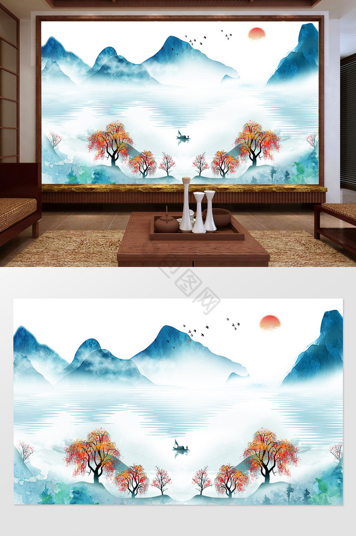 中式树抽象山水背景墙图片