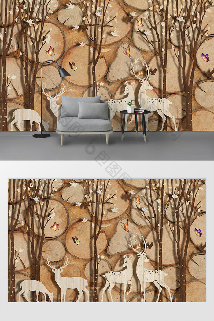 现代北欧麋鹿树林木板木纹飞鸟电视背景墙