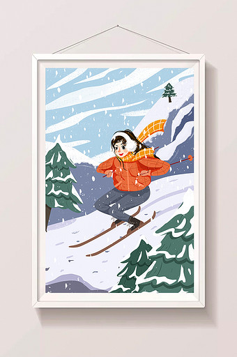 唯美滑雪插画女孩雪中滑雪冬季插画图片