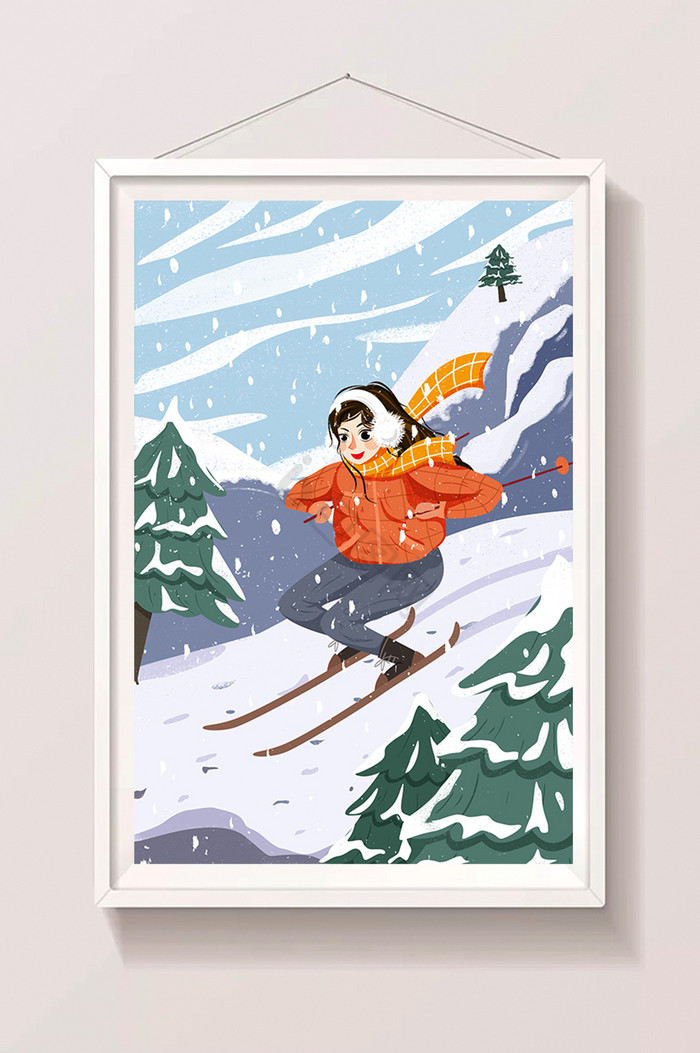 滑雪插画女孩雪中滑雪冬季插画图片