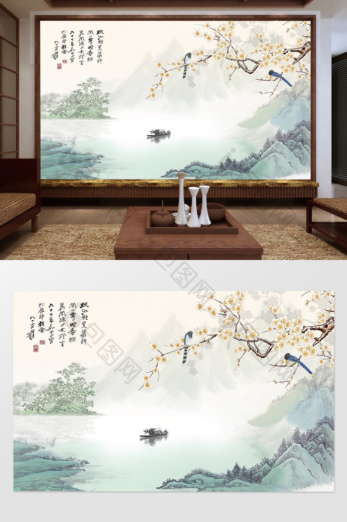 中式唯美风景花卉背景墙