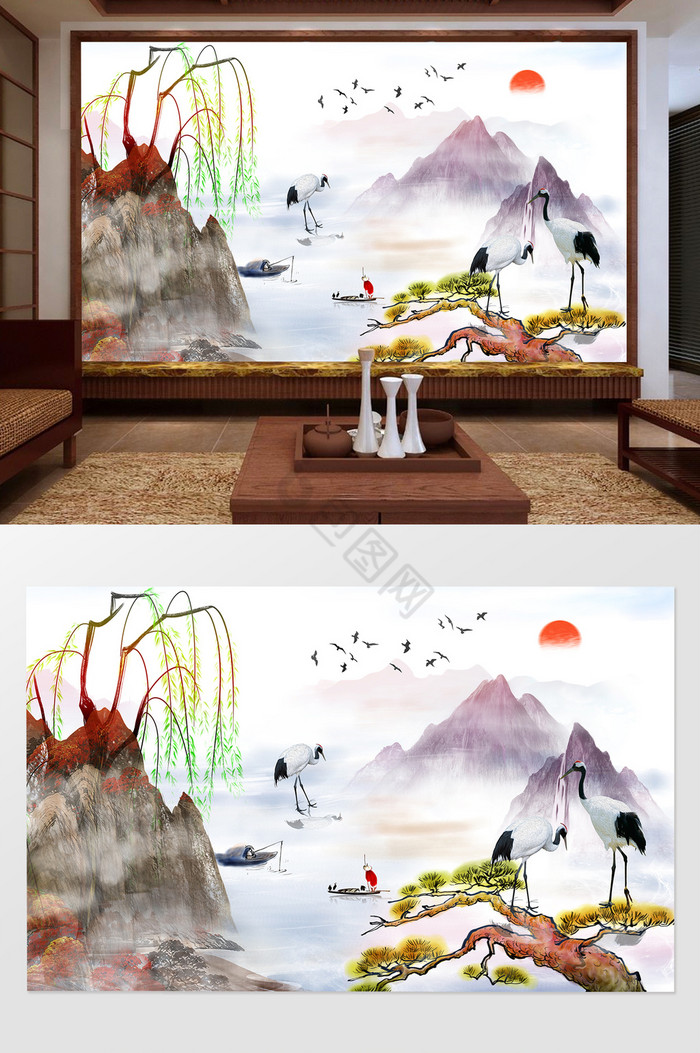 柳树白鹭山水背景墙图片