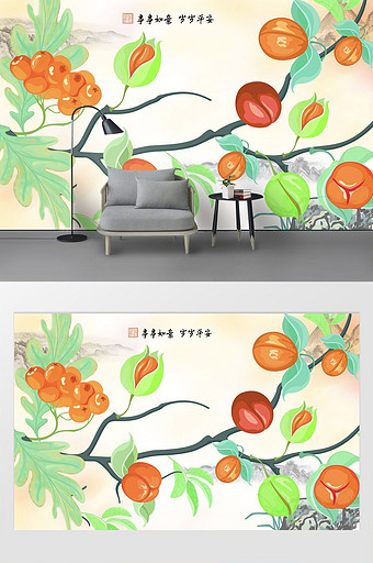 中国风手绘工笔画柿柿如意电视背景墙图片