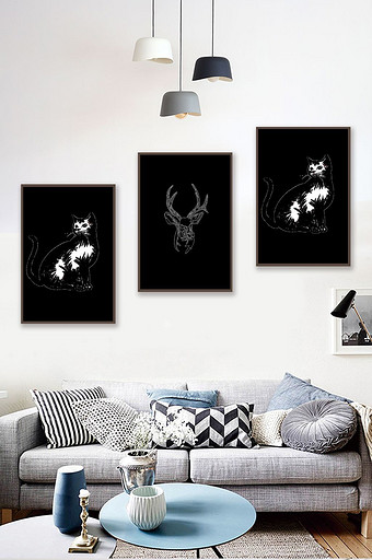 文艺简欧线条手绘动物晶瓷客厅卧室装饰画图片