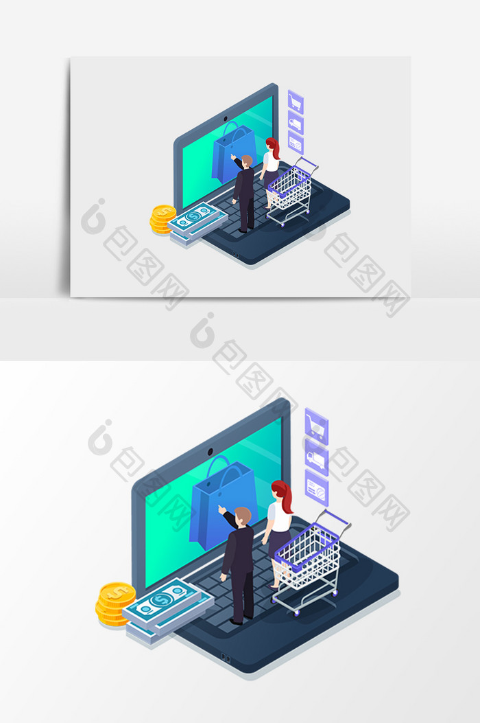 立体简约电商购物交易2.5D矢量元素