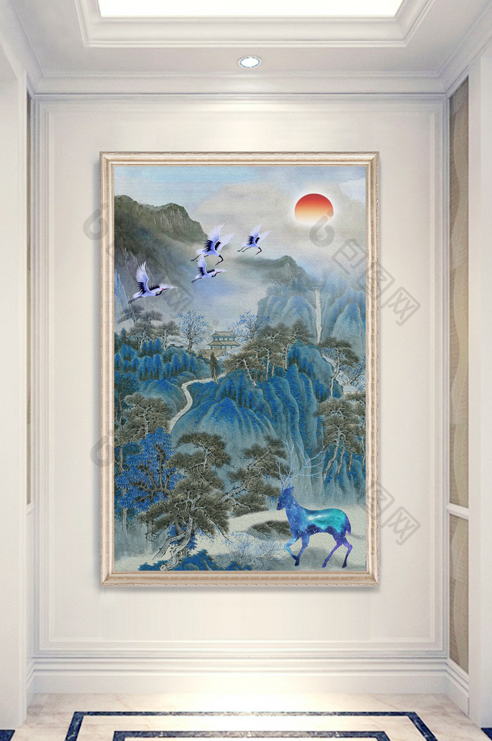 中式唯美山水画白鹤小鹿玄关装饰画