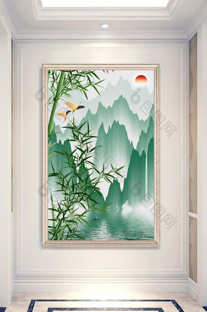 新中式绿色飞鸟水墨山水玄关装饰画