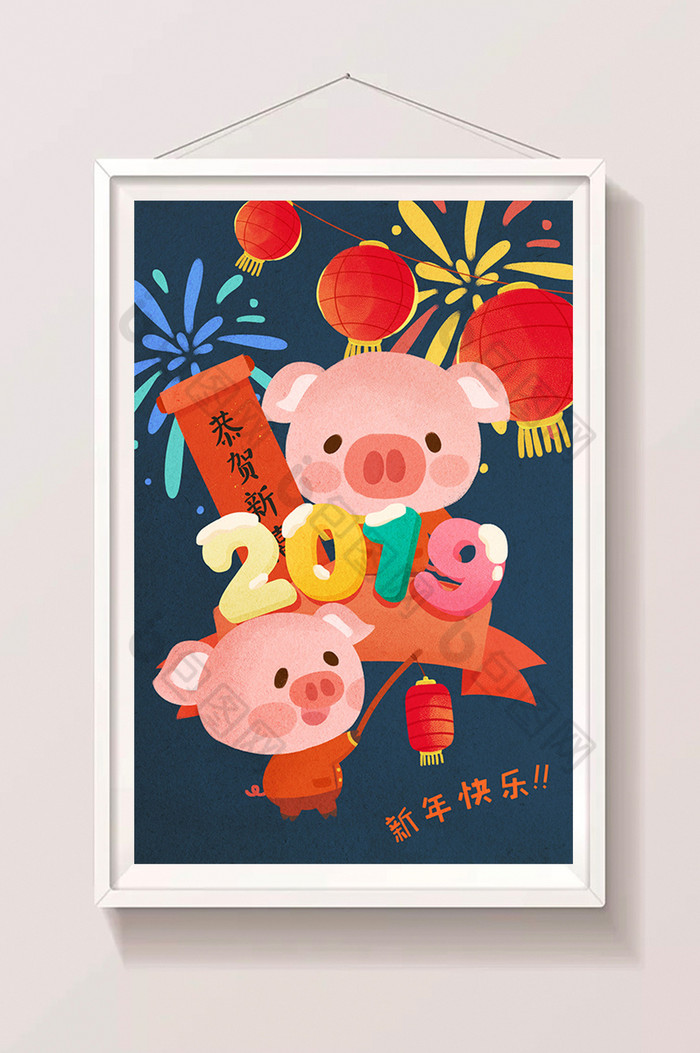 春节猪年新年过年烟花猪贺卡插画图片图片