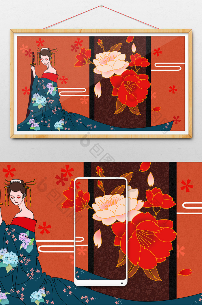 红色浮世绘日本式和风古风复古华丽美女插画