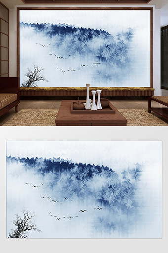 新中式水墨抽象山水电视定制背景墙图片