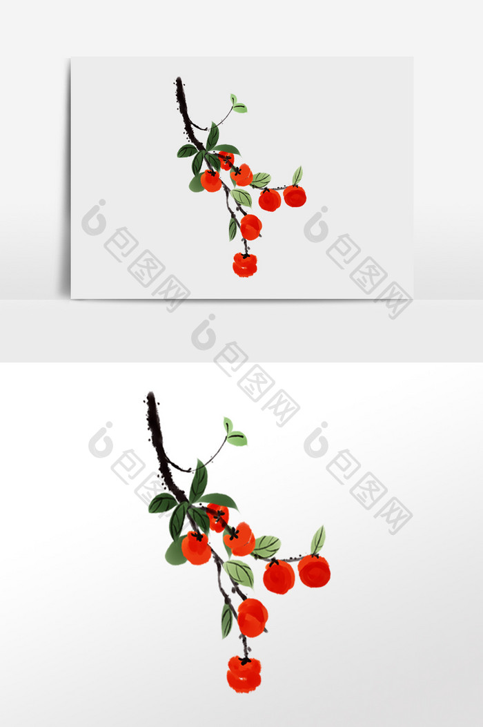 手绘水墨红柿子柿子树插画元素