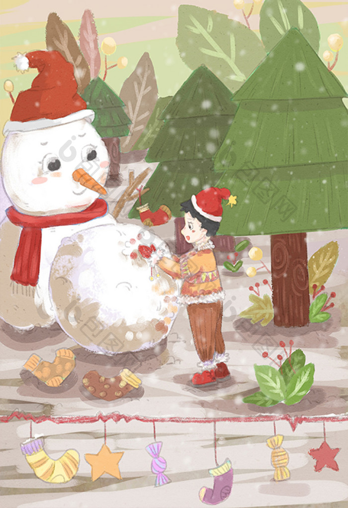 圣诞节快乐圣诞快乐堆雪人圣诞插画