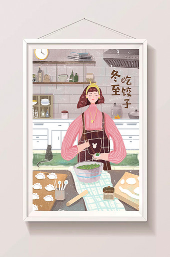 冬至吃饺子包饺子女孩插画图片