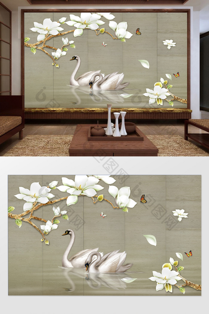 中式立体雕树枝花鸟天鹅电视机背景墙图片图片