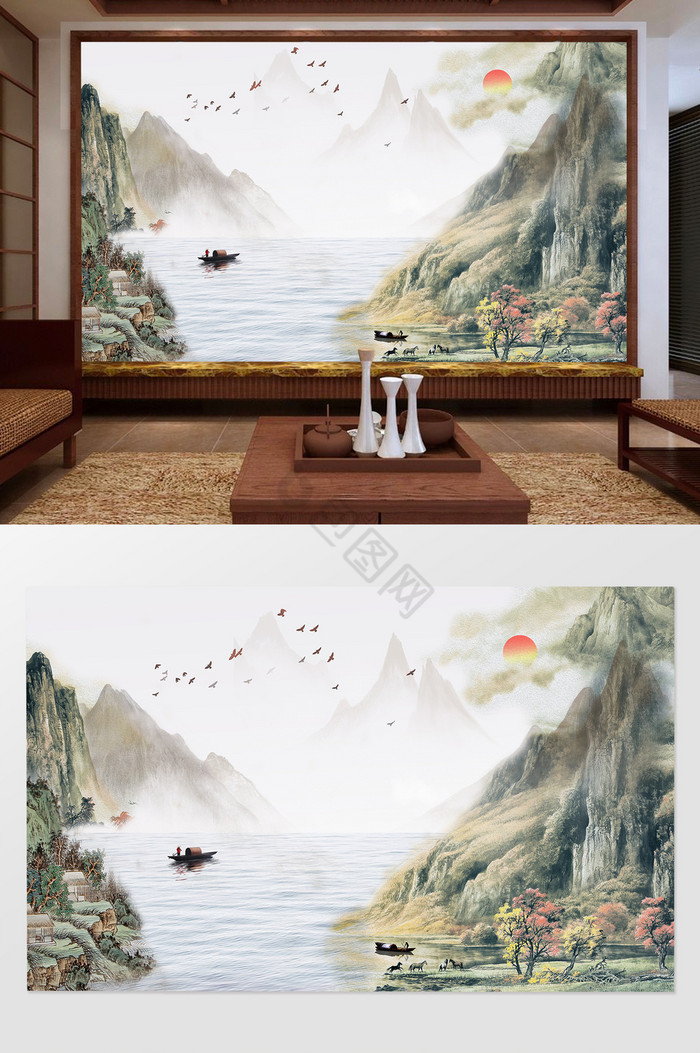 抽象山水小船飞鸟背景墙图片
