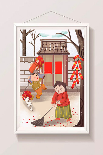春节红色喜庆放鞭炮卡通手绘插画图片
