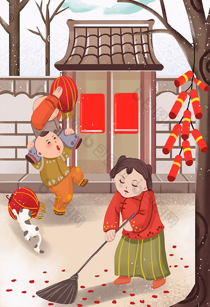 春节红色喜庆放鞭炮卡通手绘插画