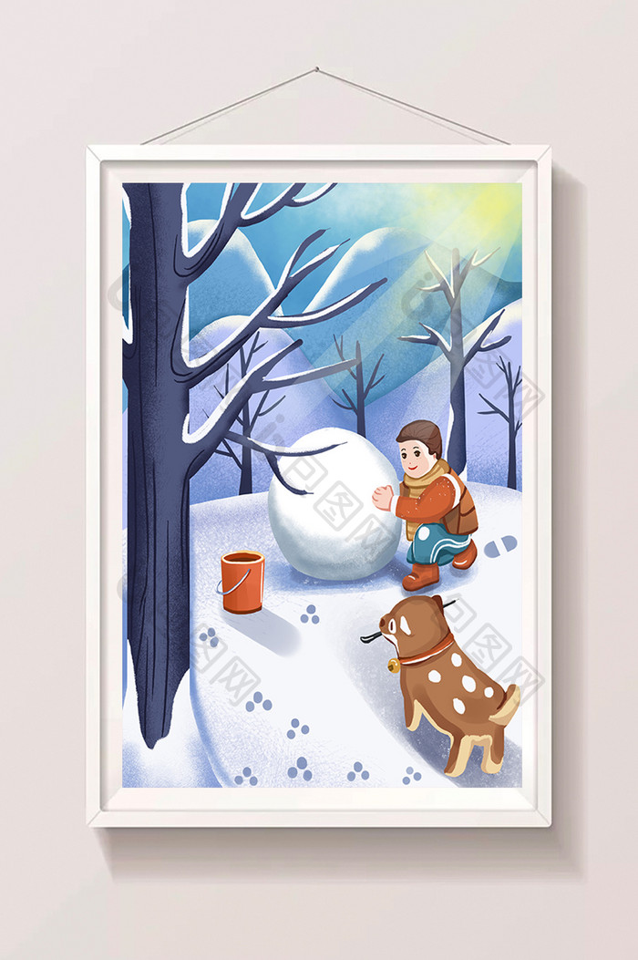 冬至雪景推雪人动物卡通森林手绘插画