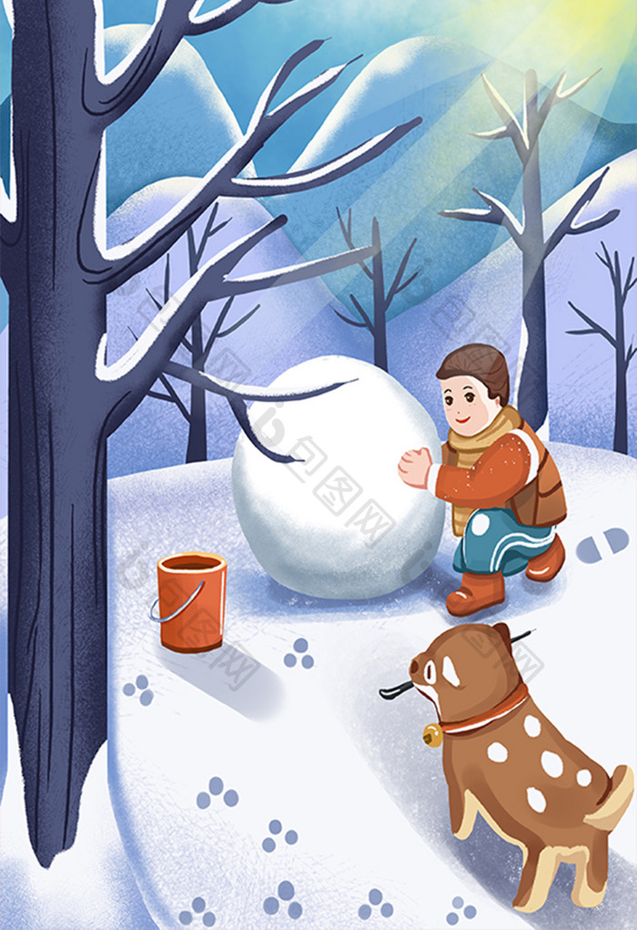 冬至雪景推雪人动物卡通森林手绘插画