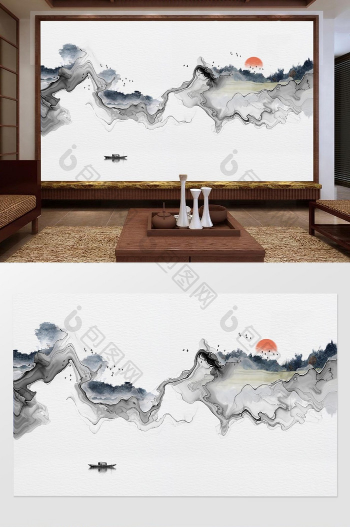 新中式抽象线条水墨山水飞鸟背景墙