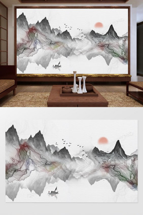 新中式抽象山水倒影线条飞鸟小舟背景墙