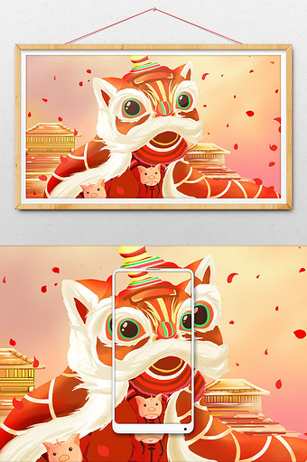 红色唯美卡通狮子过年元宵节插画图片