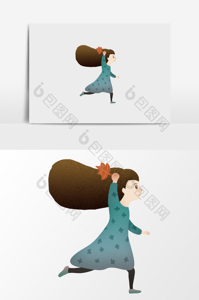 手绘奔跑的女孩插画元素
