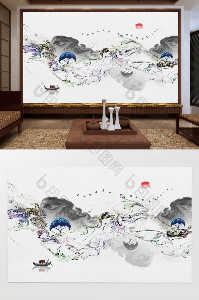 新中式抽象山水水墨线条飞鸟背景墙
