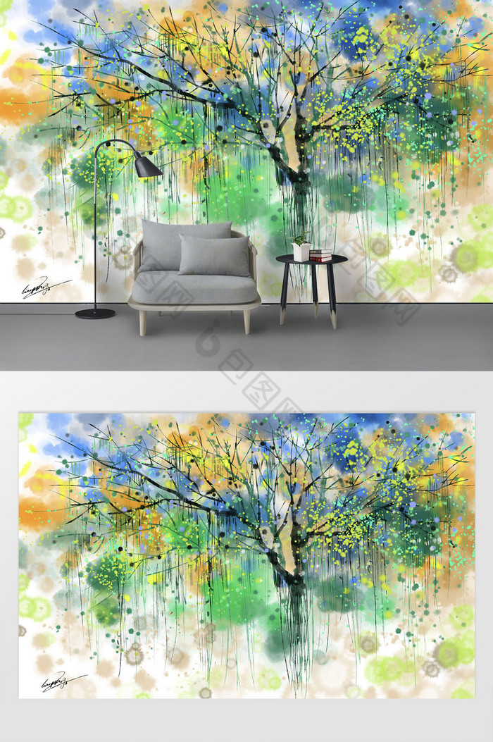欧式手绘抽象生命树油画背景装饰画