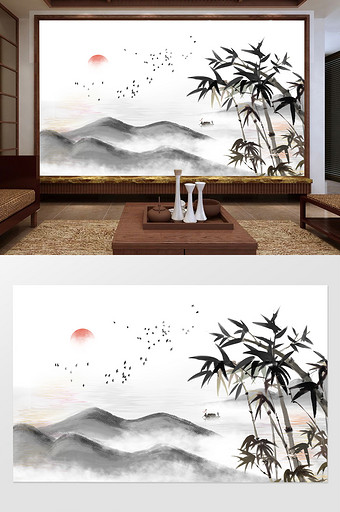 新中式意境竹子山水飞鸟背景墙图片