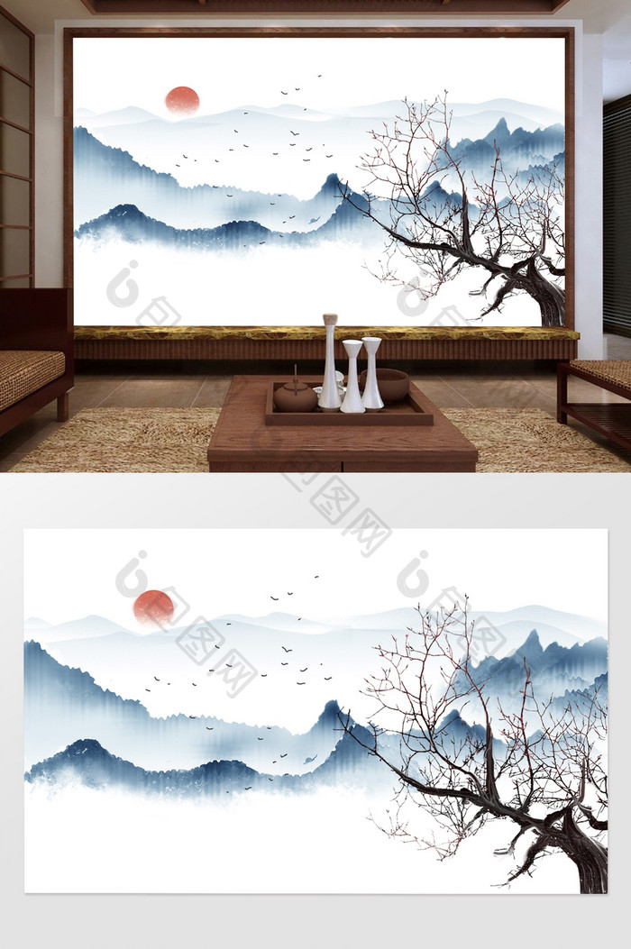 新中式意境蓝色山水树枝飞鸟背景墙