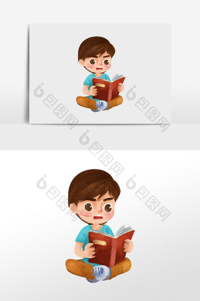 水彩手绘元素坐着拿着书本认真读书的男孩