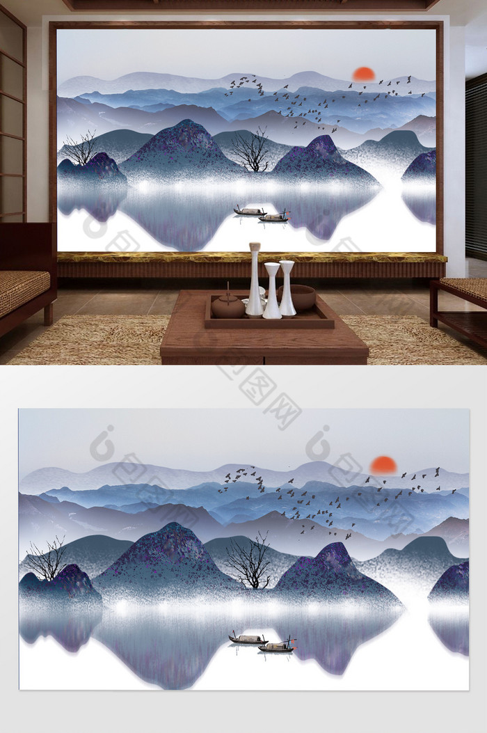新中式大气磅礴远山山水背景墙图片图片