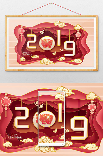 剪纸风中国传统文化2019猪年祝福插画图片